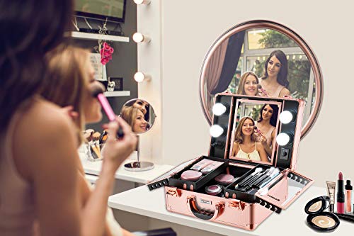 Valise maquillage pro équipée de miroir et d'ampoules LED et de prises, look rétro glam