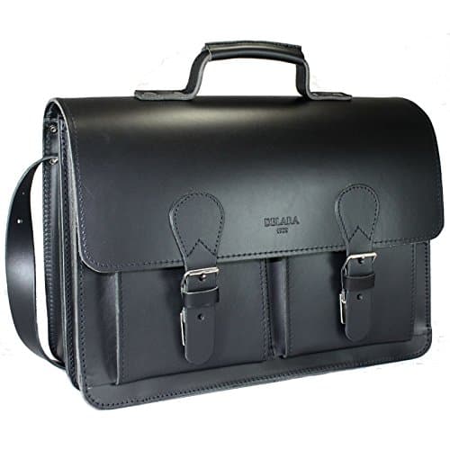 Cartable en cuir de selle noir Delara avec bandoulière et épaulette de fabrication allemande, 2 soufflet