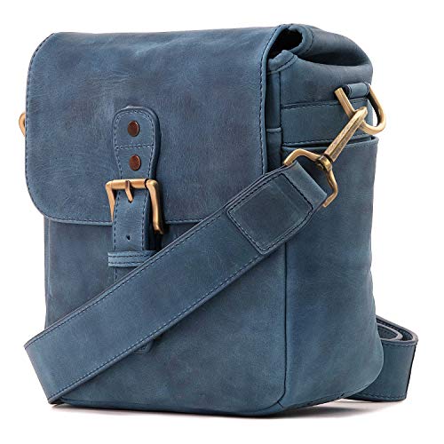 Sac sacoche rectangulaire Caméra bag en cuir bleu avec bandoulière