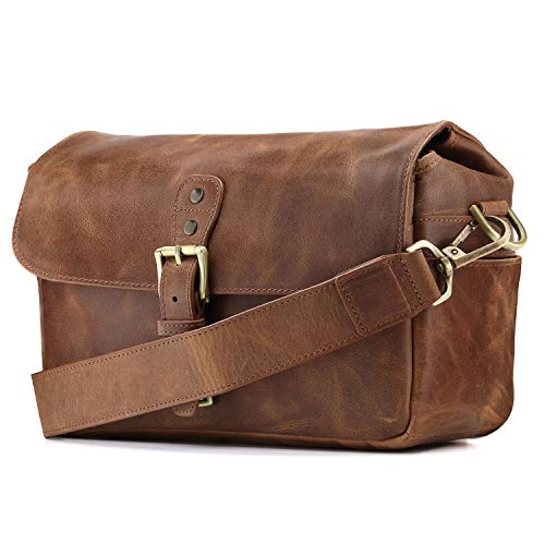 Caméra bag sac photo bandoulière, en cuir Cognac, compact, sac photo épaule homme femme, sac appareil photo en cuir marron Cognac, Megagear sac photo cuir urbain, sac photographe cuir avec bandoulière