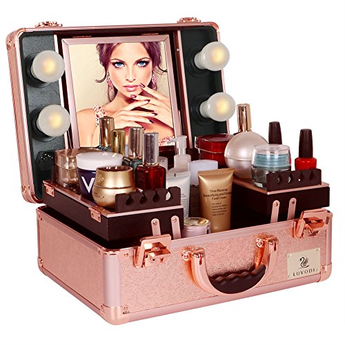 Mallette à maquillage pro Ludovi avec ampoules led et miroir pour maquilleuse pro, Doré rose