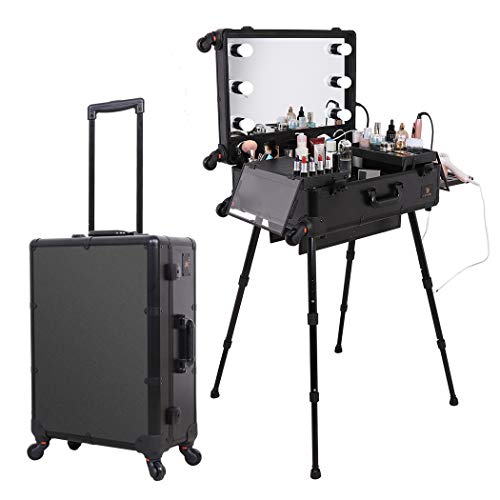 Fonctionnelle la table de maquillage pliable trolley Luvodi pour maquilleuse professionnelle avec ses ampoules à intensité réglable et ses prises ainsi que le repose sèche-cheveux.